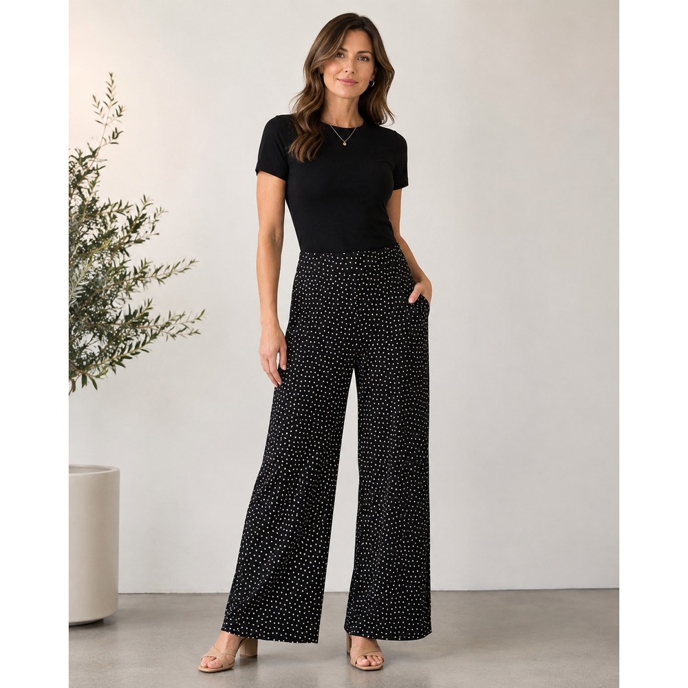 Chico's Travelers 2 L Polka Dot Wide Leg Pants Black Cream Stretch Travel